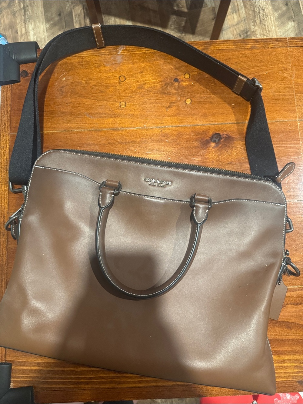 COACH Brown Leather Men’s Briefcase with Black Trim and Strap